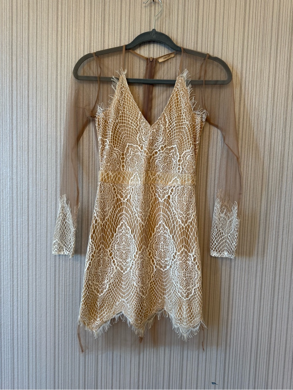 Cream Lace A-Line Dress with Sheer Long Sleeves